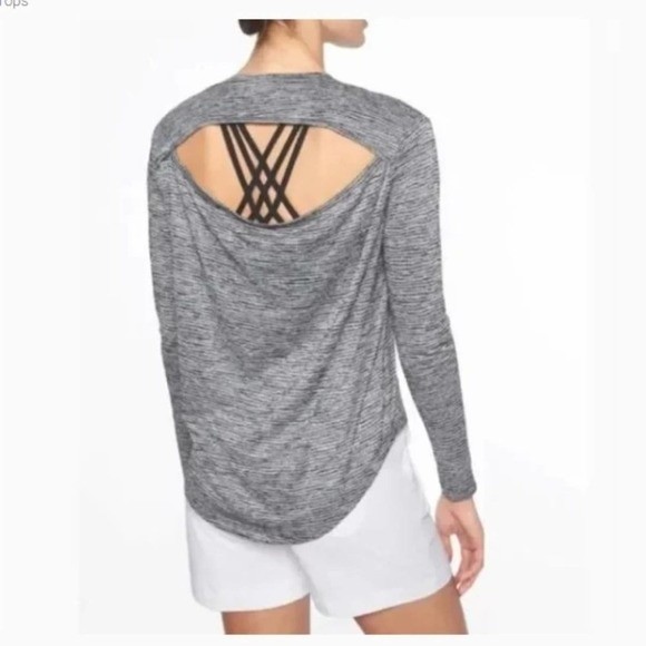 Athleta Beyond Soft Cutout Breezy Open Back Navy Stripe Tee - Picture 1 of 9